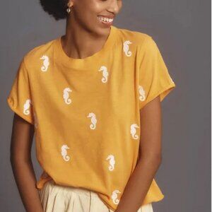 Anthropologie MAEVE The Caitlin Embroidered Sea Horse Orange Boxy Tee